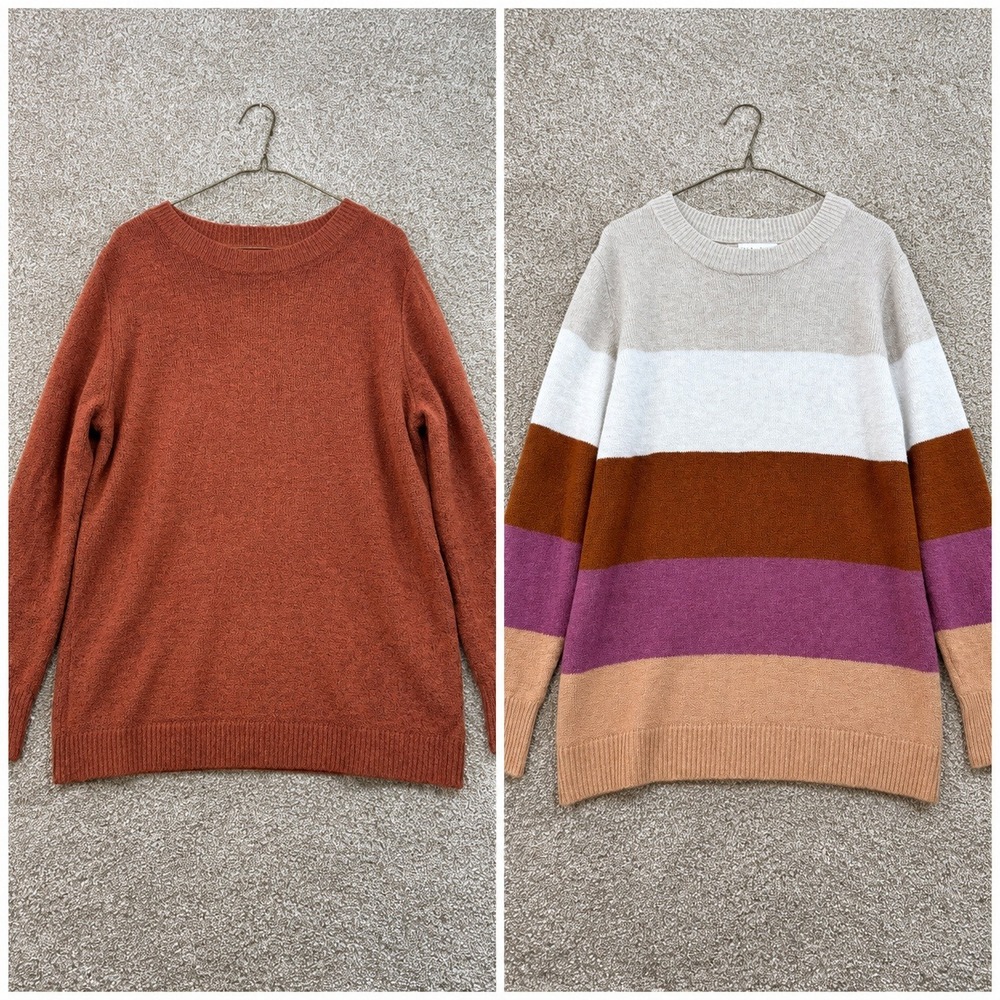 Ava & Viv Womens 1X Sweater Lot Solid Striped Crewneck Knit Plus SizeBrown Boho